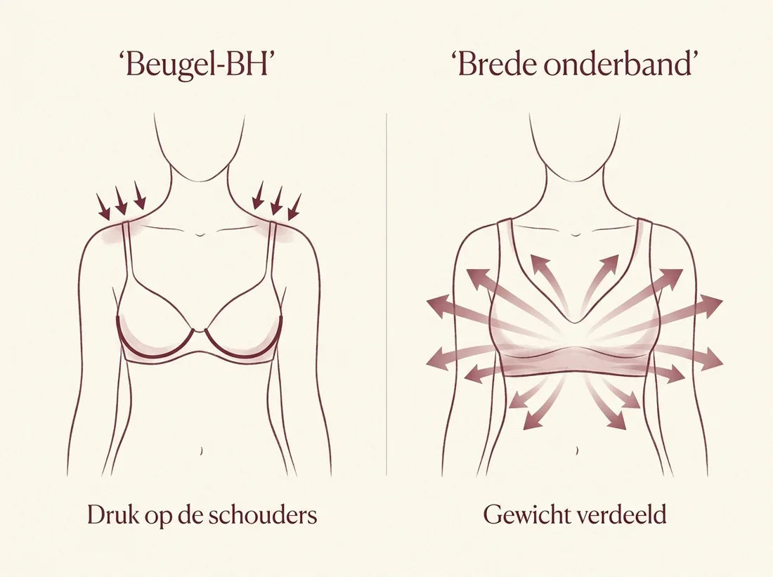 Diagram: smalle bandjes concentreren druk, brede onderband verdeelt gewicht gelijkmatig